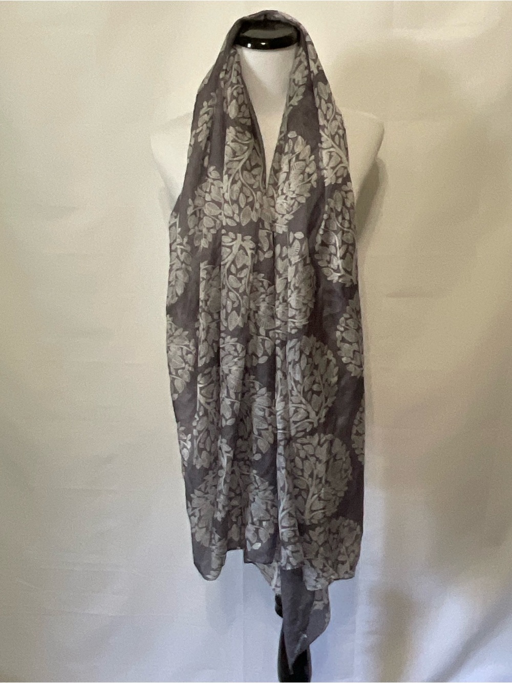 Large Gray and White Silk Scarf with Tree Leaf design- Lightweight Sheer Wrap